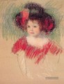 Margot in Big Bonnet und roten Kleid Mütter Kinder Mary Cassatt